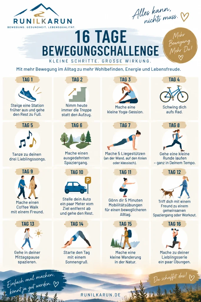 16 Tage Bewegungschallenge von Runilkarun mit 16 einfachen Bewegungsaufgaben für den Alltag