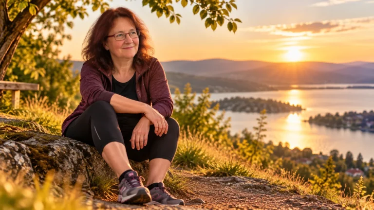 Fit bleiben ab 50 – aktive Frau mit Brille in der Natur bei Sonnenuntergang